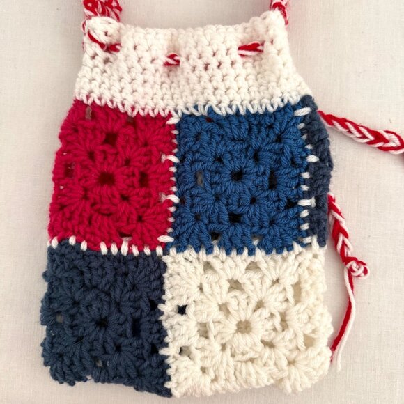 Handmade Crochet Small Shoulder Bag Granny Square Red White Blue Drawstring Tote - Picture 5 of 8